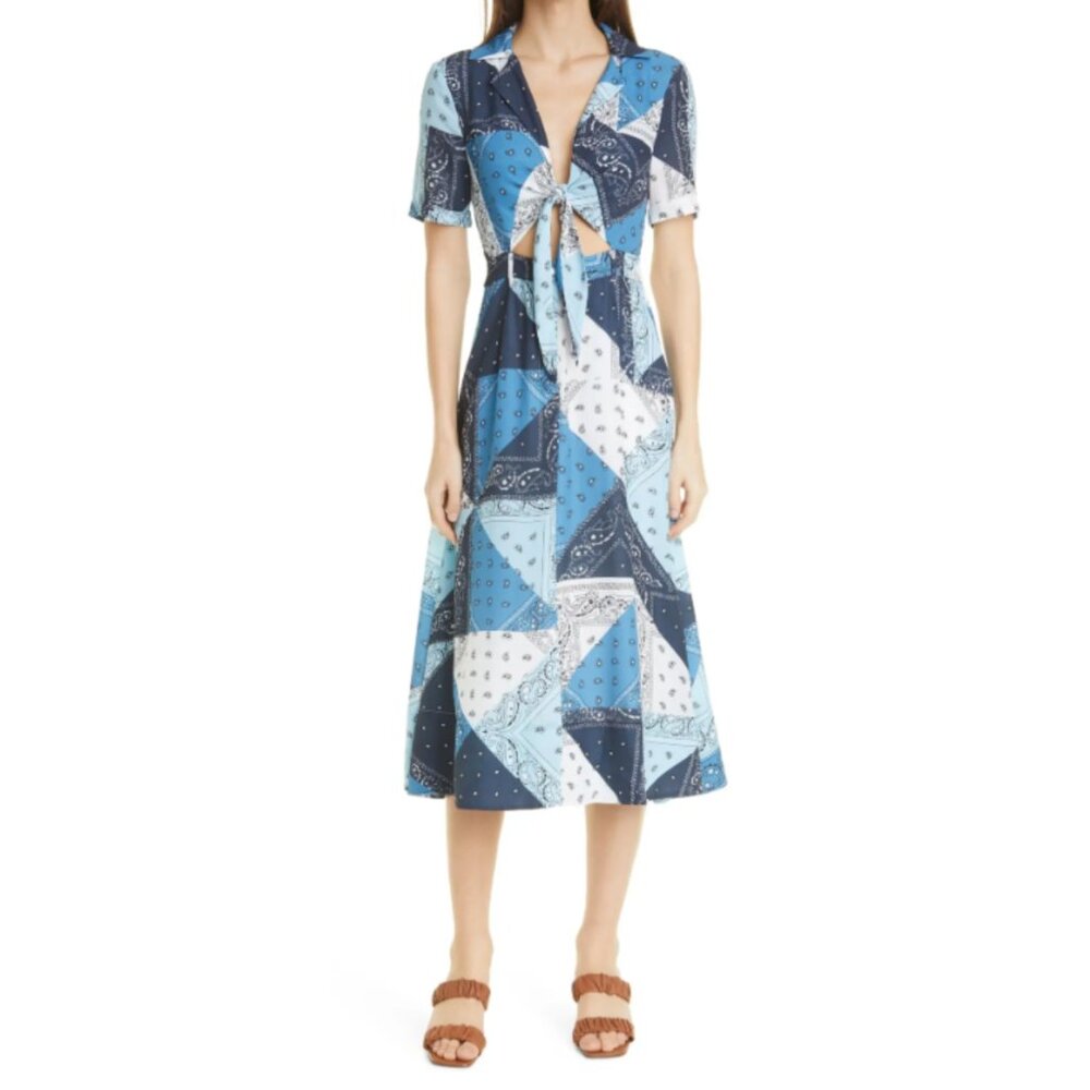 STAUD Giorgiana Tie‑Front Cutout Midi Dress – Blue Bandana Print – Size US 8